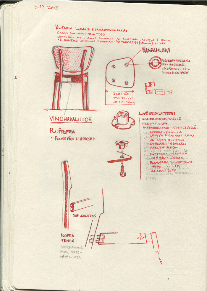 croquis - design - Doppio café chair bois et cuivre par Riku Tuppela